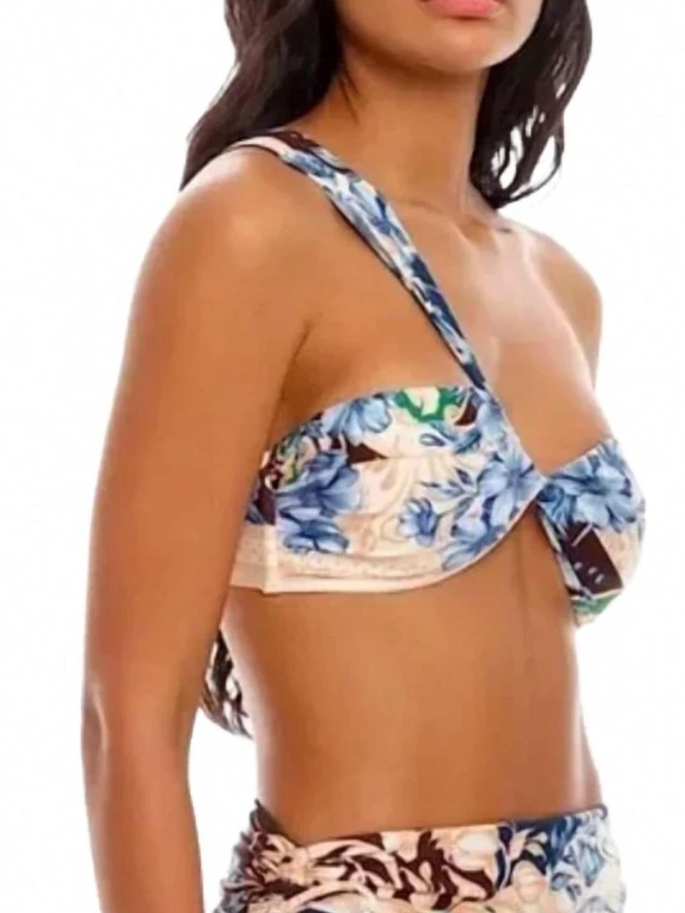Agua Bendita Mariette Floral Bandeau Bikini Top in Blue and Peach